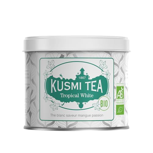 Kusmi Tea - Tropical White - Mélange Biologique de Thé Blanc, Thé Vert à la Mangue et Fruit de la Passion - À Déguster Chaud ou en Thé Glacé - Boîte Thé Métal 90g - Quantité pour environ 50 Tasses