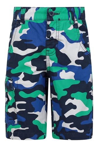 Mountain Warehouse Kids Camo Cargo Shorts - 100% Cotton Shorts, Lightweight Short Trousers, Pockets, Easy Care Camo Pants - Spring Summer, Camping, Travelling Bright Blue (Camo) Kids Size 9-10 Years