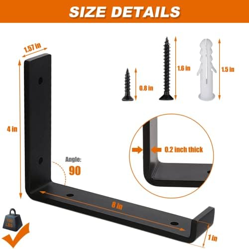 MLOQI Heavy Duty Shelf Brackets - 5mm Thick Black Shelf Supports with Lip for Shelves, L Wall Shelf Bracket for DIY Open Shelving - Industrial Metal Shelf Bracket 6 Pack (8"L x 6"H)