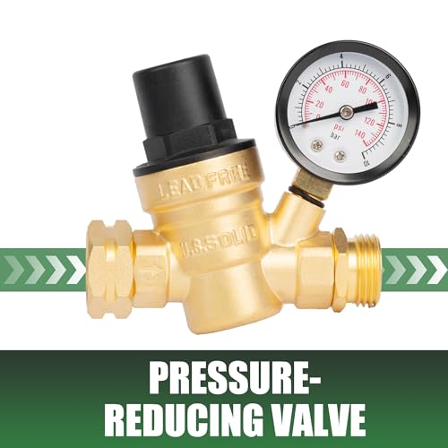 Image of U.S. Solid 3 /4 in GHT RV Water Pressure Regulator, Screwdriver-Adjustable Lead-Free Brass, 45 psi Preset, 0-140 psi Gauge, Stainless Filter, for RV Camper Trailer and Garden Hose