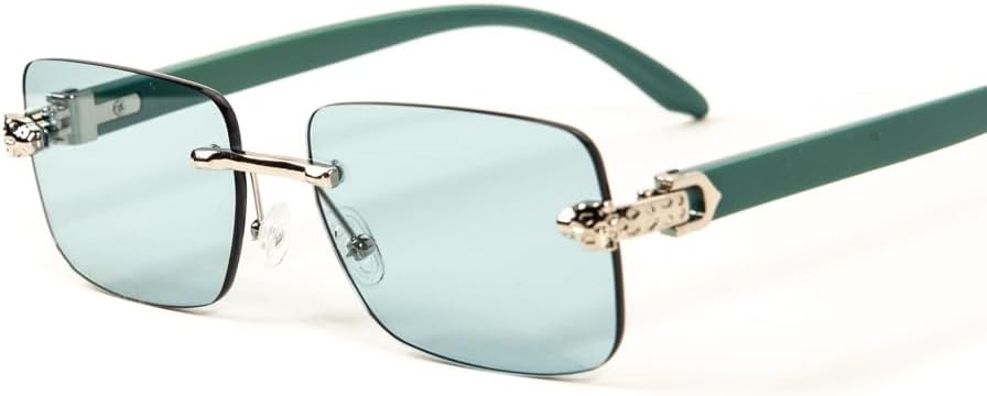 Luxury Silver Frame Unisex Rectangular Rimless Turquoise Tint Lens Retro 90's Stylish Leopard Head Hip Hop Sun Glasses Frameless Square Buffs Summer Shades Sunglasses For Men And Women