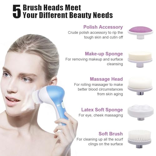 Image of 5-in-1 Electric Facial Cleansing Brush & Massager Kit, Waterproof Face Scrubber System with 5 Brush Heads for Deep Pore Cleansing, Gentle Exfoliation, Blackhead Removal and Massage