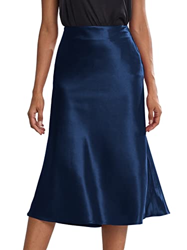 Rooscier Women's Silky Satin High Waist A Line Flared Zipper Elegant Midi Skirt Navy Blue X-Large