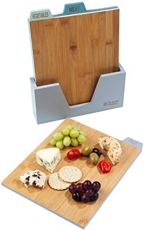 Russell Hobbs RH01366B8LDLDIR 3 Piece Bamboo Chopping Board Set with Holder, Index Style Wooden Cutting Boards for Contamination Prevention, Labelled Food Preparation Mats for Meat, Fruit, Vegetables