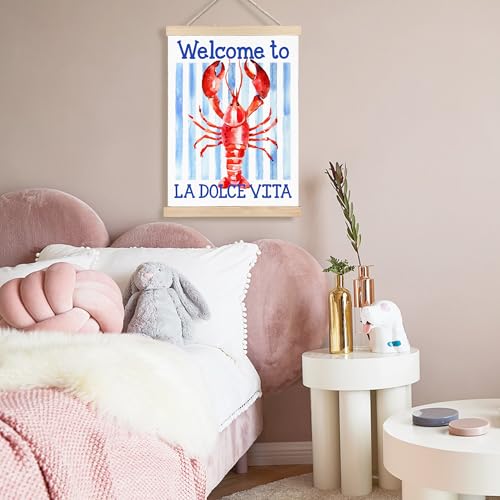 Image of PQKIY Summer Coastal Red Lobster Wall Art Poster Hanger Frame 12x16 in, Watercolor Nautical Beach Seafood Blue Striped Aesthetic Wall Decor Canvas Prints for Home Kitchen Dining Room Party