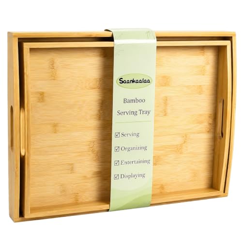 Bamboo Serving Trays with Cutout Handles, Set of 2 for Food & Coffee