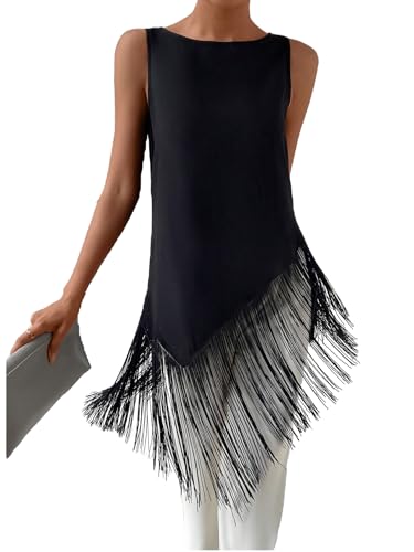 SHENHE Womens Sleeveless Fringe Hem Tank Top Crew Neck Asymmetrical Hem Dressy Shirts Black Medium