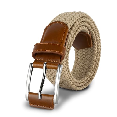 BUMA Men's Stretch Woven Braided Belt 1 3/8 for Golf and Casual - Leather Buckle