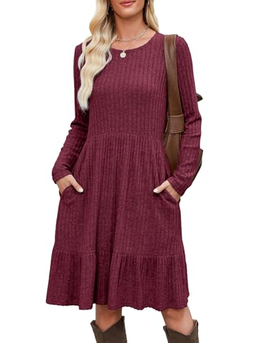 Berydress Fall Sweater Dresses for Women 2025 Long Sleeve Crewneck Flowy Babydoll Winter Casual Midi Dress with Pockets