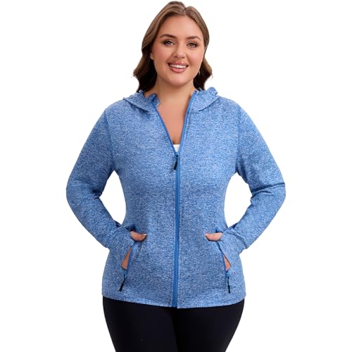 Hhe Womens Plus Size Lightweight Workout Jackets Stretch Zip Up Hoodies Athletic Running Jackets With Thumb Holes (Blue, 3X)