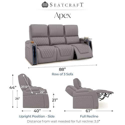 Image of Seatcraft Apex Gray Italian Leather Home Theater Seating, Zero Gravity Power Recliner, Powered Headrest and Lumbar Gaming and Home Office Chair, Lounge Sofa Furniture for Cinema Room, Row of 3 Sofa