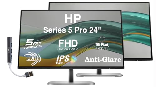 Image of HP Series 5 Pro 524pf 24 inch FHD IPS Monitor Adjustable Height, Swivel, Pivot | 100 Hz 350 Nits, 5ms, Anti-Glare, Flicker Free, VESA Mount (100mm), & Dockztorm USB Port Expander | Black /Silver 2 Pack