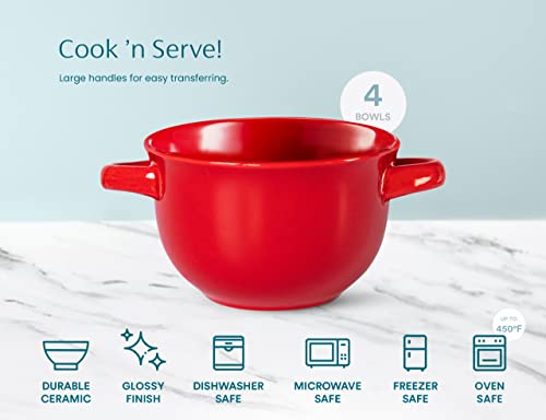 Kook French Onion Soup Crocks With Handles, Ceramic Bowls, For Rice, Dessert, Pasta, Dishwasher, Microwave, Oven & Broil Safe, Set Of 4, 18 Oz, (Red) #TOP4