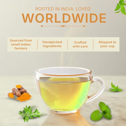 Image of Tealeaf & Co. Turmeric Tulsi Holy Basil Green Tea - Turmeric, Tulsi & Peppermint Tea Blended with Fresh Herbs & Spices - Low Caffeine & Vegan - 100 Teabags (7.055oz /200gm)