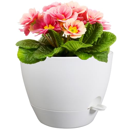 Meowell 12 inch Large Self Watering Pots for Indoor Outdoor Plants, Plant Pots with Mesh Drainage Holes for Garden House Plants, Plastic Planters with Reservoir for Flower Plants, White