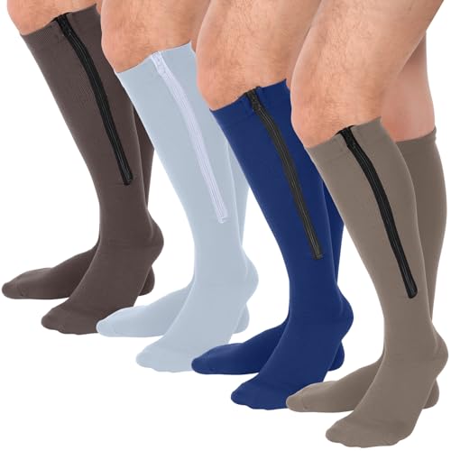 Image of Tarpop 4 Pairs Men Zipper Compression Socks Colorful 20-30mmhg Compression Stockings with Zipper for Men Women Swelling Edema