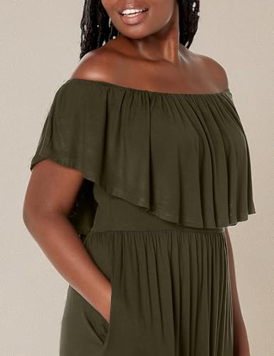 VERABENDI Women's Off Shoulder Summer Casual Long Ruffle Beach Maxi Dress with Pockets Small Army Green