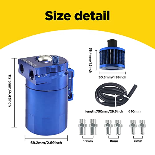 Image of AOCISKA Aluminum Oil Catch Can,Baffled Oil Catch Can Kit,300ml Oil Reservoir Tank,Oil Separator Catch Can with Hose Kit,Universal Oil Catch Can Tank Polish Baffled Reservoir (Blue)