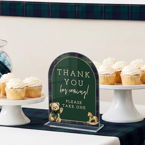 Image of Vercraft 6 Pcs Luxury Equestrian Bear Baby Shower Table Decor | 6 x 8 inch Green Blue Tartan Plaid Acrylic Signs, Take One Thank You Centerpieces, Gender Reveal Party Decor