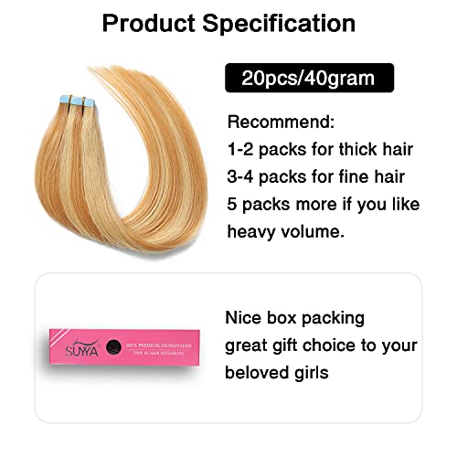 Image of SUYYA Tape In Hair Extensions Human Hair 14 Inch #P27 /24B Highlight Blonde