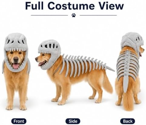 Pet Dinosaur Costume, Dog Dinosaur Costume Halloween, Cozy Plush 3D Halloween Cat/Dog Skeleton Costume, Realistic Dinosaur Skeleton Costume for Pet, Hallowee Dino Pet，Green：Medium — view 5
