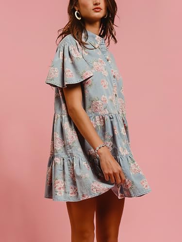 ebossy Women's Sweet Floral Denim Dress Button Up Ruffle Short Sleeve Flowy A Line Tiered Mini Shirt Dress3