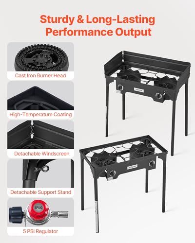 Image of VEVOR 2 Burner Outdoor Propane Gas Stove, 150,000 BTU Propane LPG Gas Camping Stove, Heavy Duty Carbon Steel Outdoor Cooker, with Shield & Tall Stand & PSI Regulator, for BBQ Camp Home Patio Backyard
