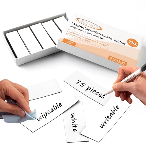 ECENCE 75 Skrivbar magnetremsa - 60x20mm Vit - Klisterremsor som kan anpassas i storlek - magnetiska skyltar som går att torka av - magnetiska etiketter för tavlor, kylskåp,