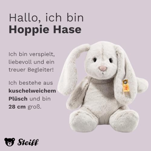 Steiff Hoppie Hase mit Schlappohren 28 cm hellgrau, Plüschtier, Soft Cuddly Friends, flauschiges Stofftier zum Kuscheln und Spielen, Kuscheltier für Mädchen und Jungen, waschmaschinenfest