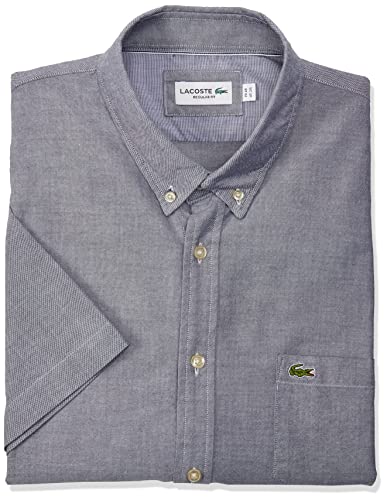 Lacoste Men's Short Sleeve Button Down Oxford Solid Shirt Regular Fit, Navy Blue/White, Large #TOP7