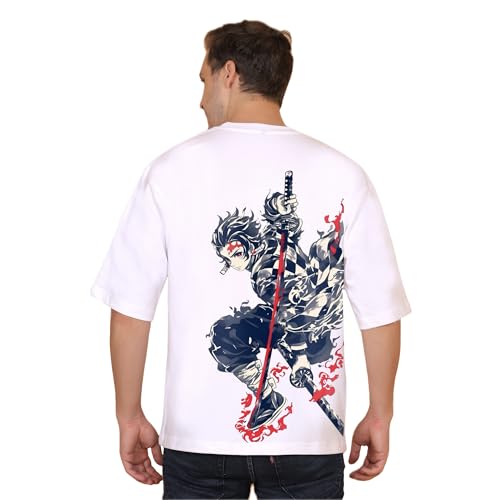 Image of Demon Slayer Tanjiro Oversized Off White Tshirt for Men and Women Anime Graphic Print Drop Shoulder Unisex Pure Cotton Baggy Loose Fit T-Shirts