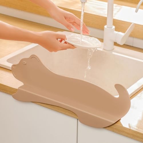 水はね防止シート 水はね防止スタンド パネル キッチン 犬形 吸盤 吸着式 ガード 防水バッフル 水槽 防水シート 水はね防止 ガード キッチン 食器洗い シンク 洗面台 流し台 ガード 台所 防水パネル (カーキ, 長48.5*幅6*高17.9cm)