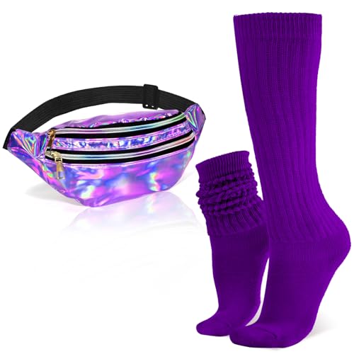 Ardusnpe Holographic Fanny Packs for Women Men Cross Body Slouch Socks Purple Belt Bag Purple Scrunch Socks Metallic Color Neon Running Waist Pack 80s 90s Accessories Rave Party Halloween Costume