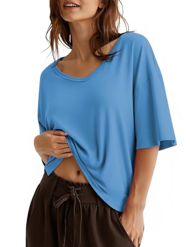 Totatuit Womens Women Cropped T Shirts Short Half Sleeve V Neck Boxy Tops