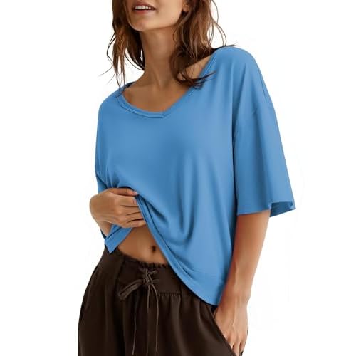 Totatuit Womens Women Cropped T Shirts Short Half Sleeve V Neck Boxy Tops