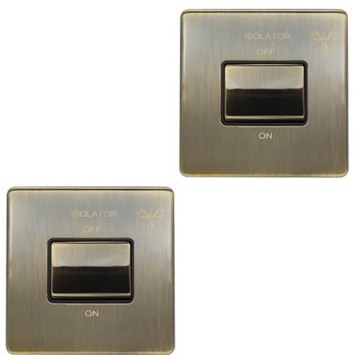 2 PACK SCREWLESS 6A Extractor Fan Isolator Switch ANTIQUE BRASS 3 Pole Shower - 230V Bathroom Wetroom Fan Switch Wall Plate