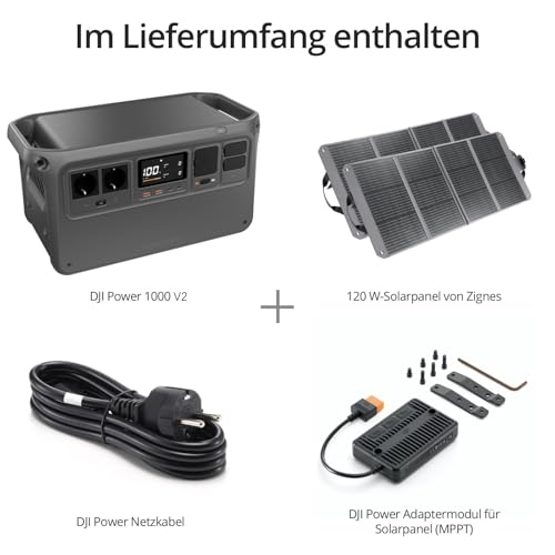 DJI Power 1000 V2 Tragbare Powerstation 1024Wh, 2600W Power Station Solar mit 2×120W Solarpanels(Zignes), 1×MPPT-Controller, Elektrischer Generator f&uuml;r Camping/Zuhause/Wohnmobile.