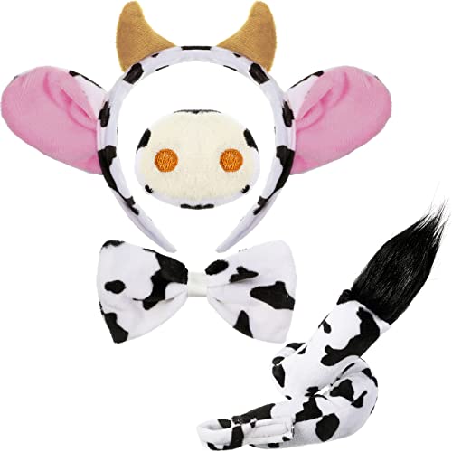 Aoriher 4 Piezas Set de Disfraz de Vaca, Diadema de Orejas y Cuernos Pajarita y Cola Nariz de Vaca Kit de Disfraz de Vestido de Vaca Accesorios para Niños Carnaval Halloween Día Mundial del Libro