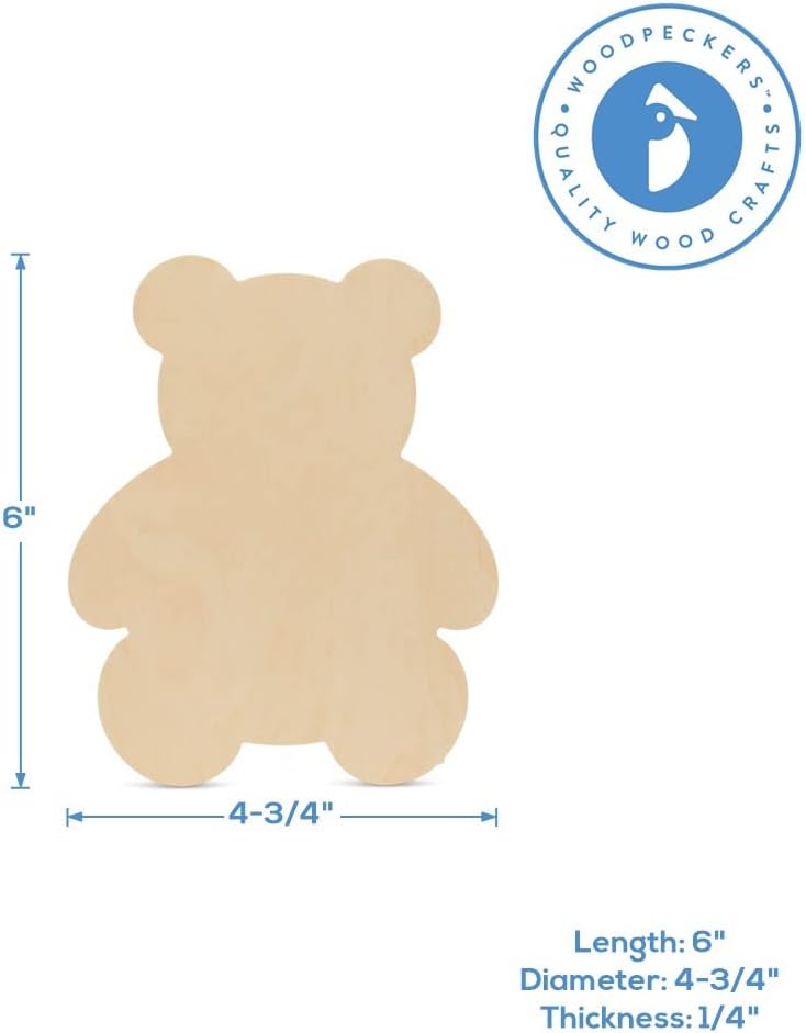 Teddy Bear Wood Cutouts 6-inch, Pack of 10 Wooden Crafts to Paint, Wooden Cutouts for Crafts, by Woodpeckers