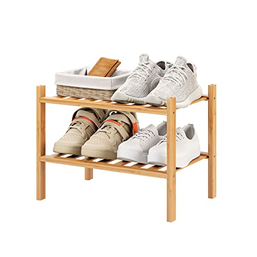 Image of Small Shoe Rack, 2-Tier Bamboo Stackable Shoe Shelf Storage Organizer, Shoe Stand for Closet, Entryway and Hallway