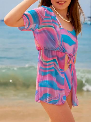 Image of WDIRARA Girl's Swimwear Cut Out Marble Print Asymmetrical Swimsuit One Piece Bathing Suit with Cover Up