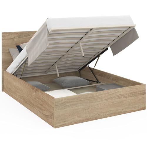 IDMarket - Lit Coffre Double Seaside avec tête de lit et sommier 140x190 cm façon hêtre