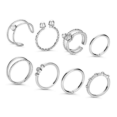 ZHONGQI Silver Cute Rings Sets for Women Teen Girls, Boho Stackable Midi Knuckle Rings for Women, Vintage Midi Rings for Women Set Jewelry, Inlaid pearls Ring Sets for Women Silver (Pack of 8)