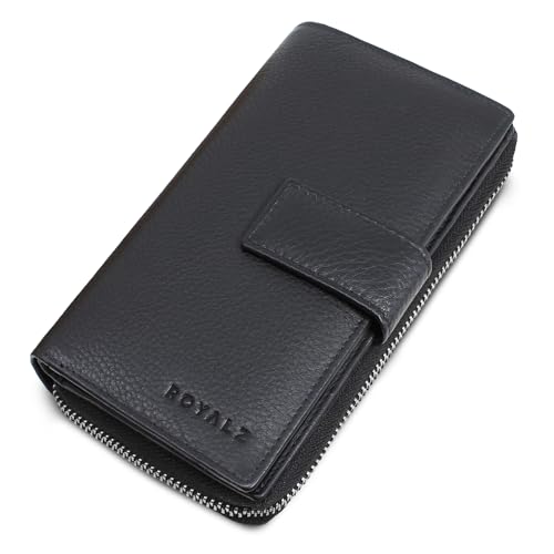 ROYALZ Portafoglio Donna Vera Pelle 'Viola' Vintage - Grande Capacità con Protezione RFID - Portamonete, Porta Cellulare 6,5' - Portafoglio Elegante Donna con Scatola Regalo, Colore:Nero