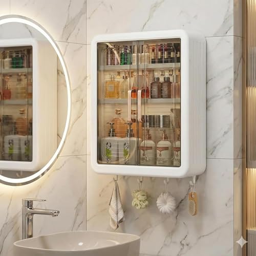 Image of mechdel Wall Mounted Bathroom Cabinet Organizer with Doors, Organiser Without Drill, Hooks & Shelves | Hanging Storage Rack for Bathroom Toiletries, Towels, Skincare (WALL Mount-Drawer, 1PCS)