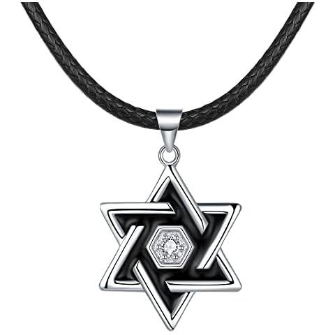 REIOT Davidstern Halskette, Wachs Leder Seil Herren HexagrammHalskette Jüdischer Schmuck Religiöser Amulett Anhänger Schmuck Cover