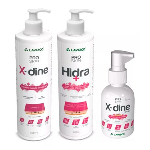 Kit Pro Skin Lavizoo Shampoo X Dine 500ml + Creme Pós Banho Hidra 400g + X Dine Spray 100ml Clorexid
