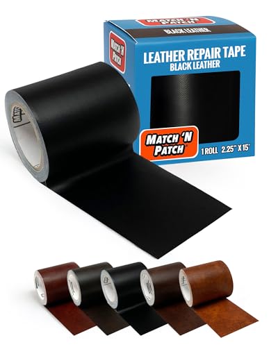 MATCH 'N PATCH Leather Repair Tape - Black (2.25 inch x 15 feet) - Realistic Faux Leather Patches for Couch, Sofa, Upholstery, Car Seats & Other Furniture, Vinyl Repair Kit, Self Adhesive Patch