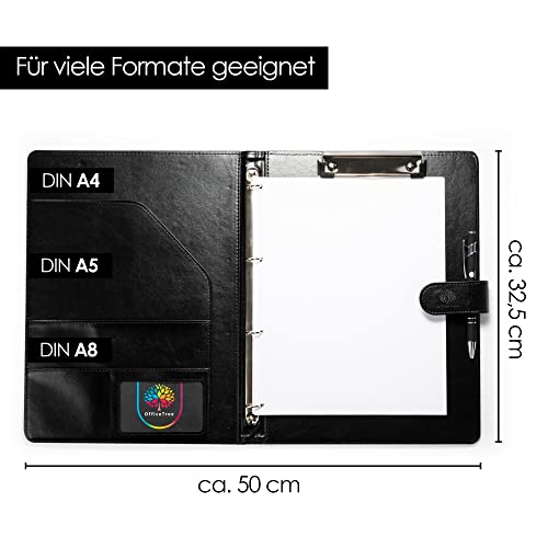 OfficeTree Klemmbrettmappe A4 mit Deckel - Schreibmappe A4 Klemmbrett Schwarz - Arbeitsmappe mit Ringbuch - Klemmbrett Mappe Organizer - Inklusive Block und Kugelschreiber