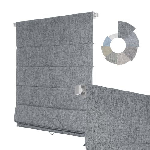 Hotsoon No Drill Blackout Linen Roman Shade, Dark Grey, Custom Size | Tool-Free Cordless Premium Fabric Blinds, Lightweight Thermal UV Blocking Easy Install, Perfect for Bedroom & Living Room
